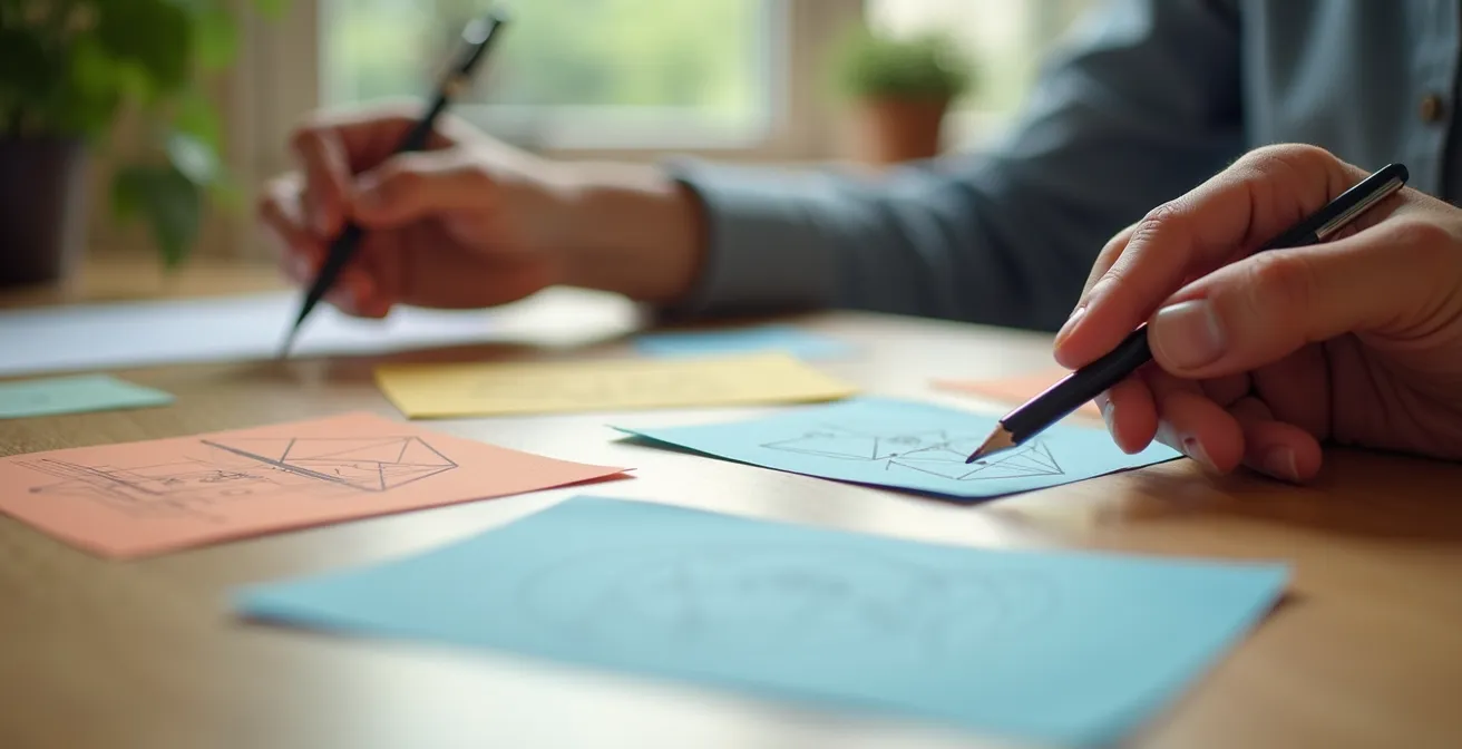 Extreme close-up of hands arranging experiment cards on desk