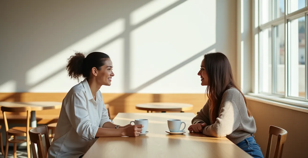 Two people from different backgrounds having an engaged, friendly conversation at a bright coffee shop table.