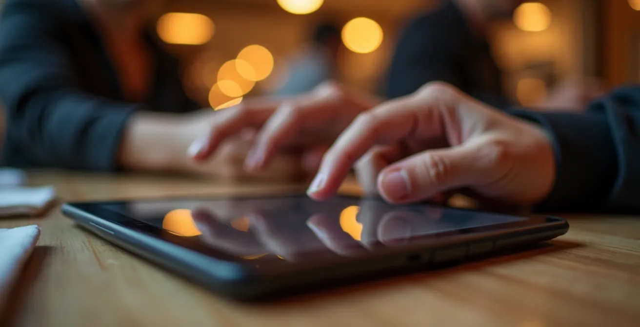Close-up of hands near a payment tablet in a restaurant, symbolizing the decision of how much to tip.