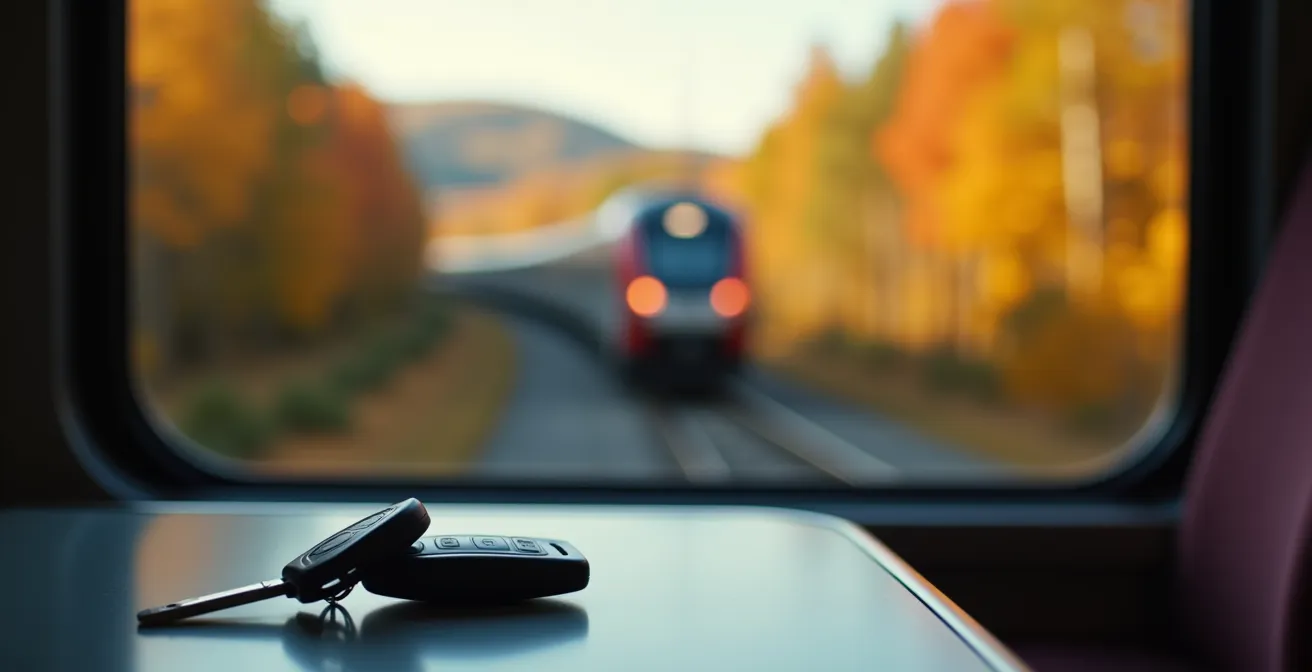 Dramatic angle of sleek Acela train blurring past autumn northeastern landscape