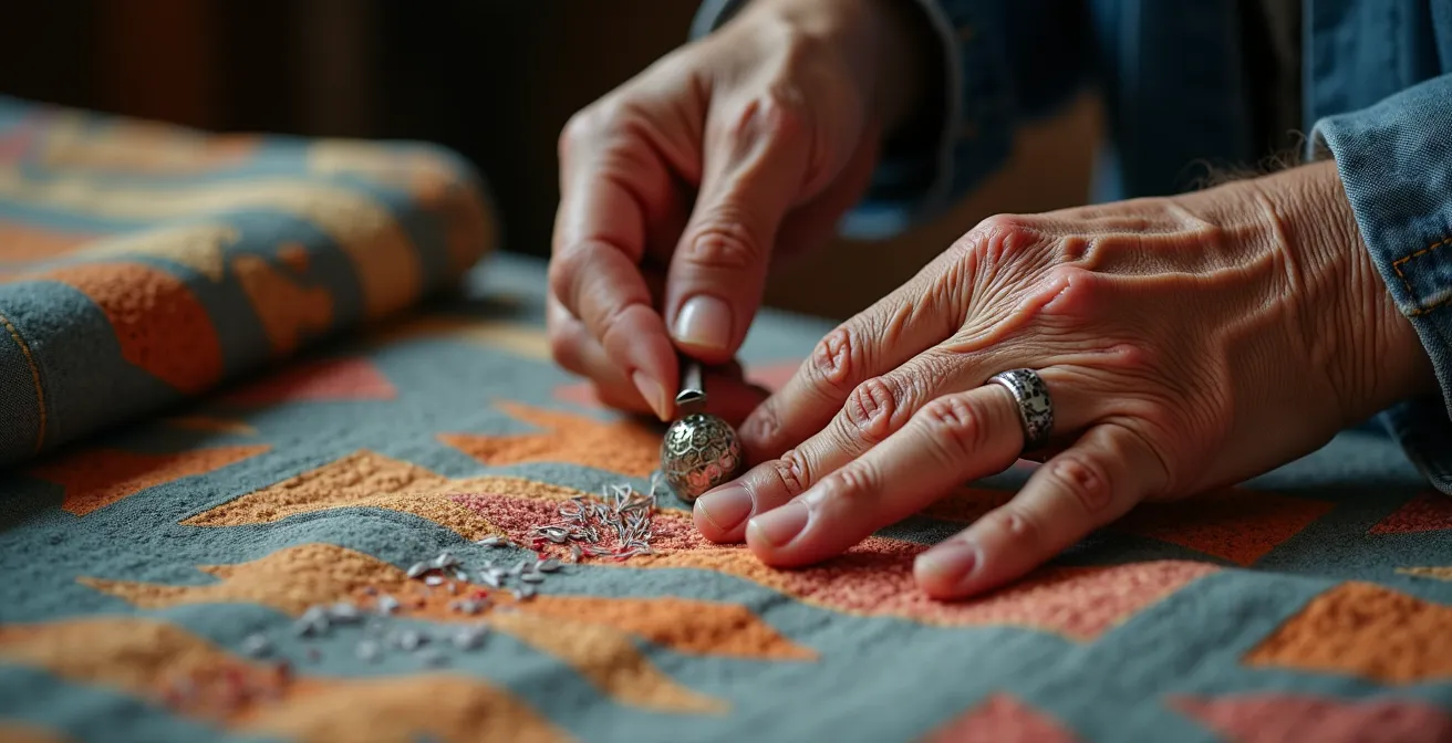 An Appalachian quilter demonstrating traditional pattern techniques in their mountain workshop with natural lighting