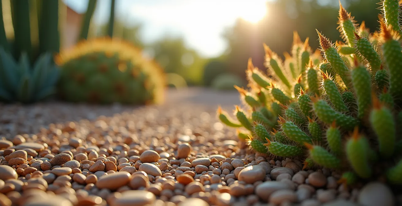 Desert landscaping with native cacti and succulents surrounding a modern eco-hotel in Arizona, showcasing water-wise design with gravel pathways and drought-resistant plants