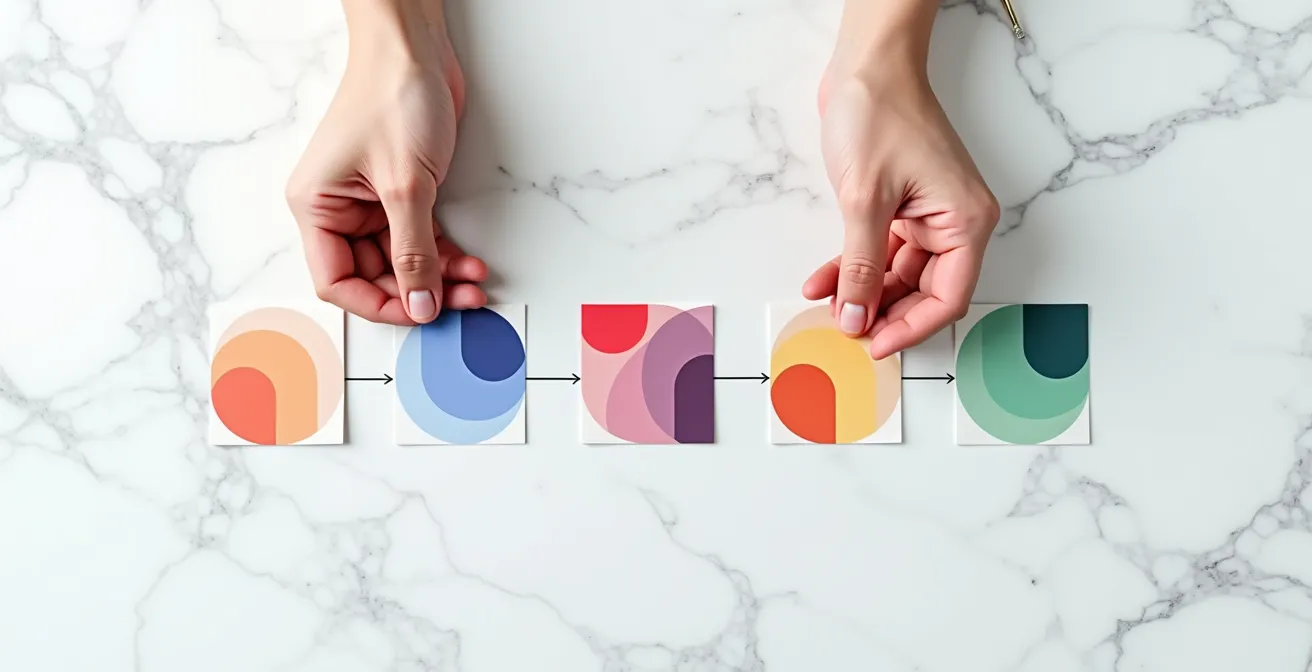 Close-up of hands arranging workflow diagram cards on a desk representing an automated workflow.