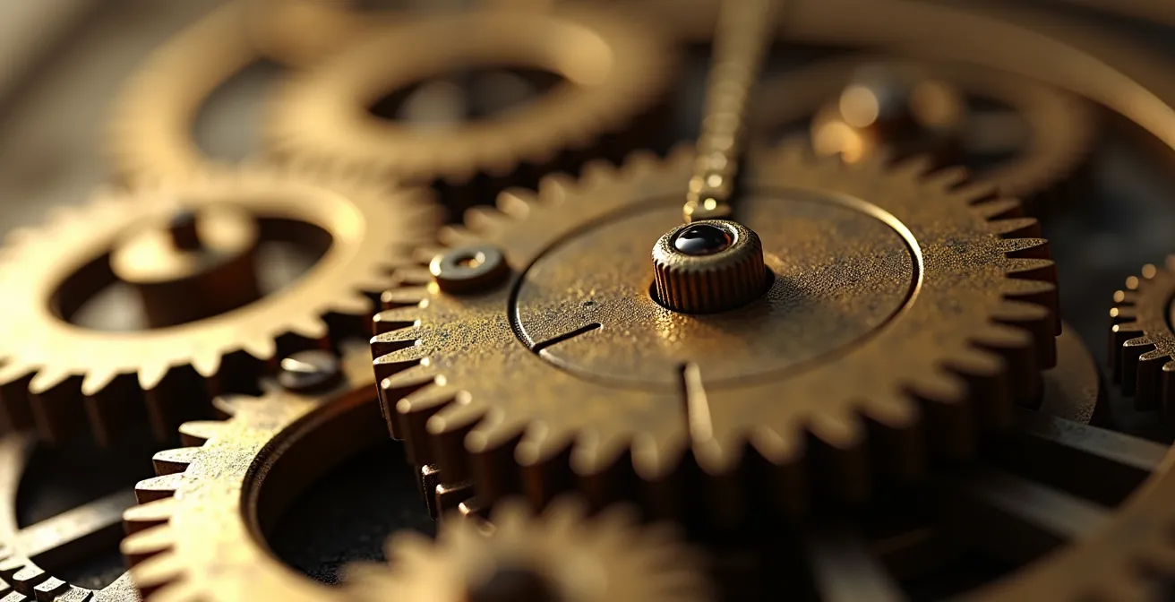 Macro shot of intricate clock gears, symbolizing the precision of batch vs. real-time automation timing.