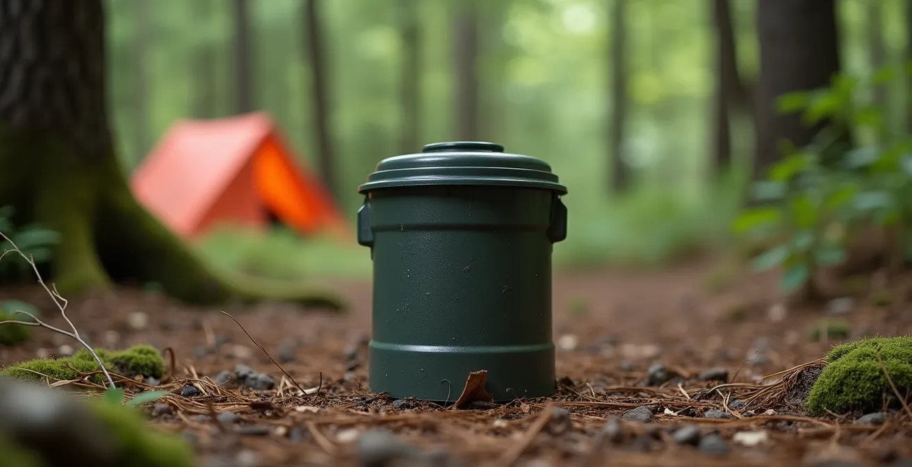 Bear canister properly positioned away from campsite on flat ground in wilderness setting