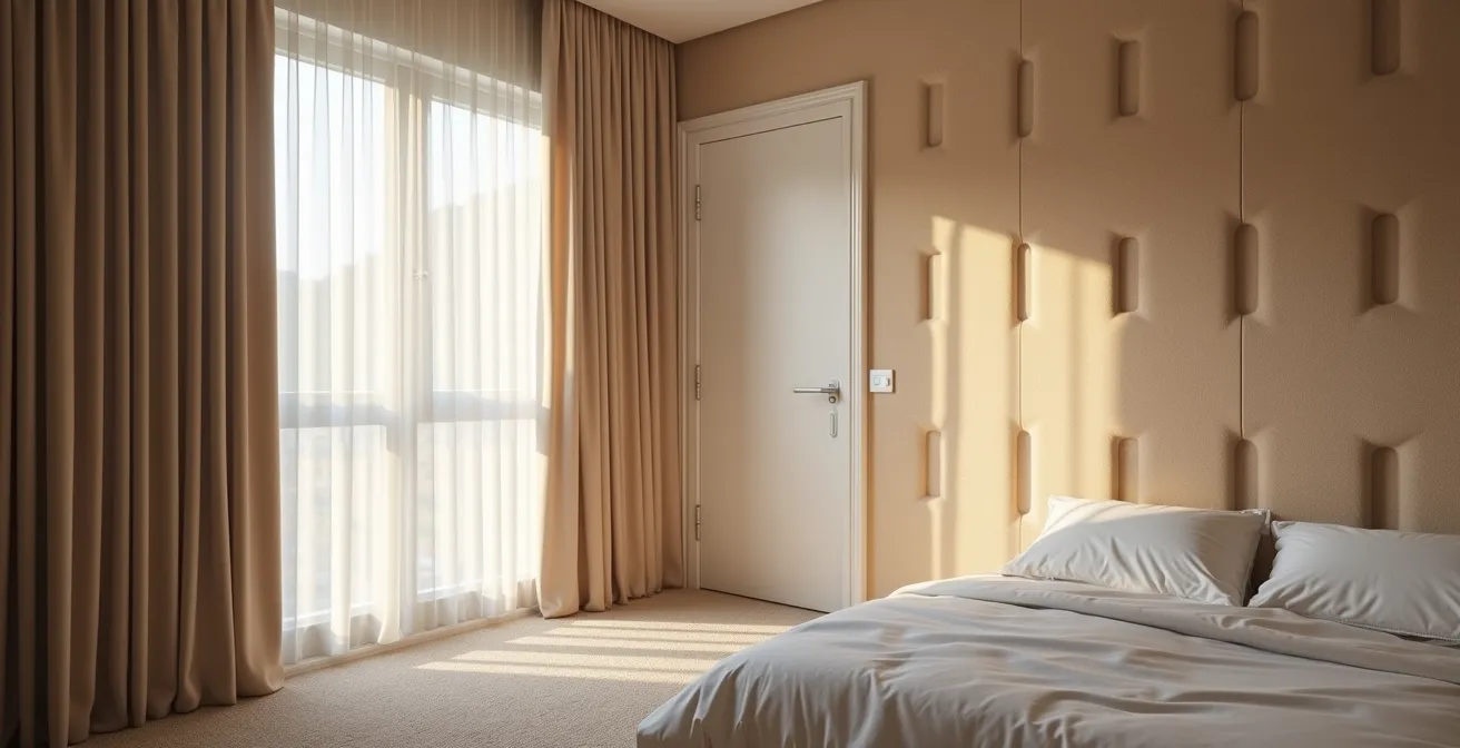 Corner view of bedroom showing soundproofing materials and heavy curtains