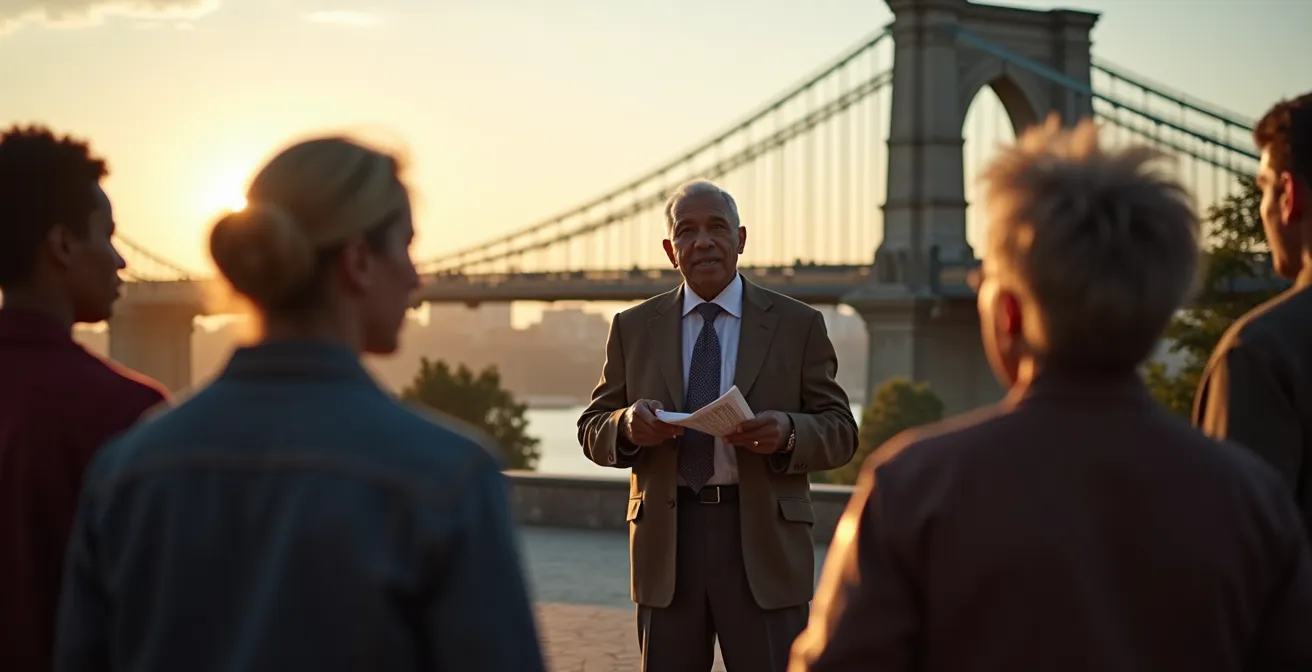 A multi-generational group gathering at a civil rights landmark for oral history sharing