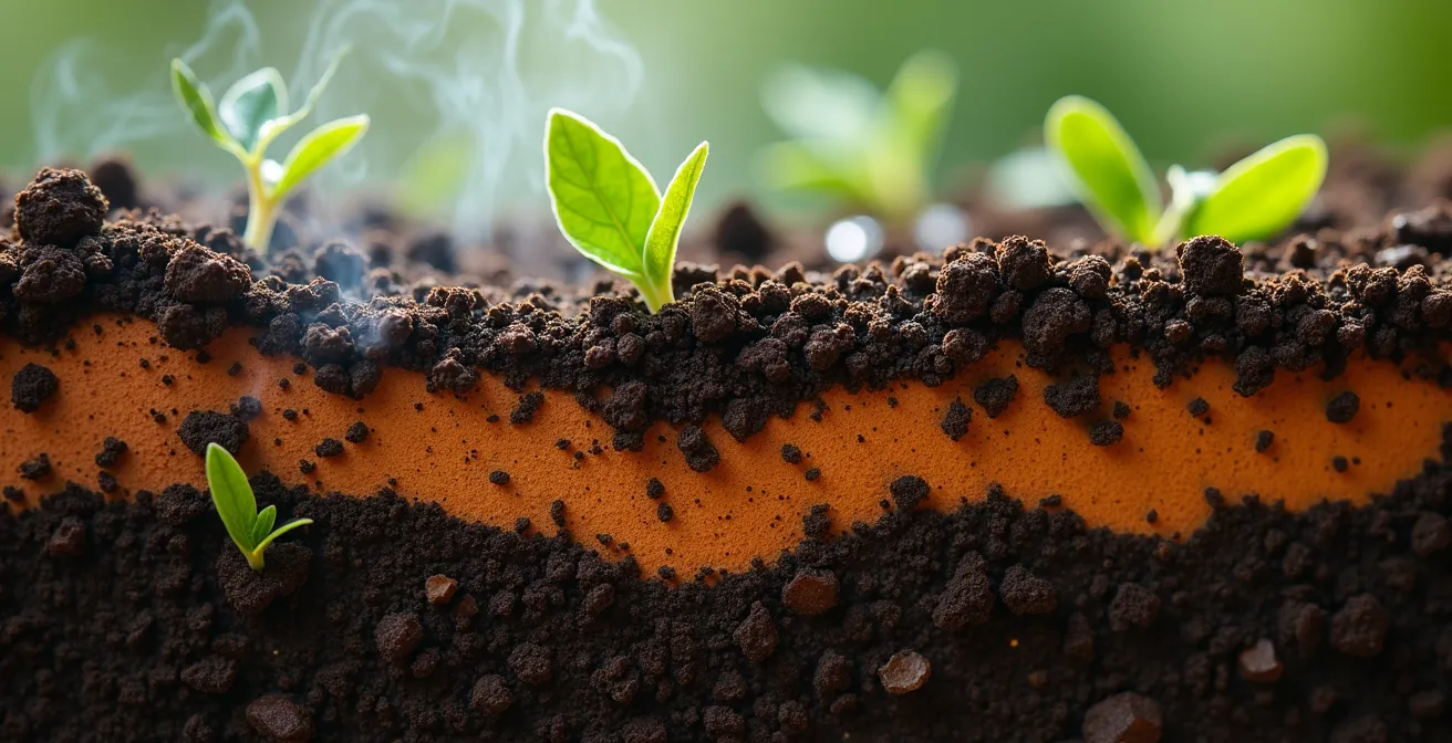 Cross-section view of active compost pile showing decomposition layers and moisture distribution