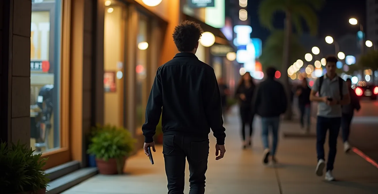Person walking confidently through downtown LA at night with purposeful stride