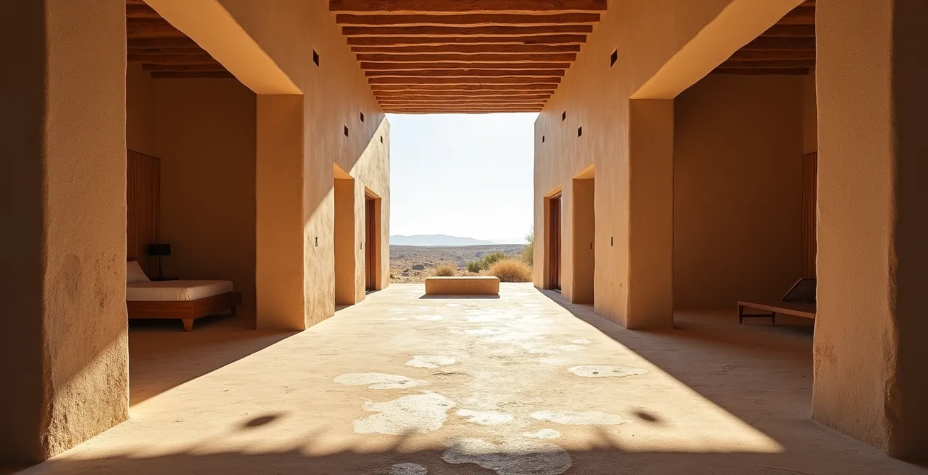Cross-section view of eco-lodge showing natural ventilation flow patterns and thermal mass elements