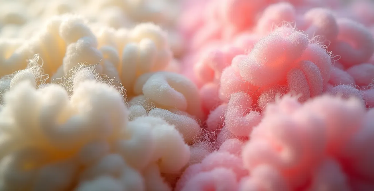 Close-up comparison of natural wool and synthetic insulation materials