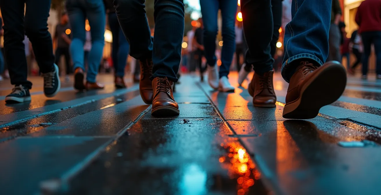 Crowds leaving a venue in downtown LA creating safe walking conditions at night