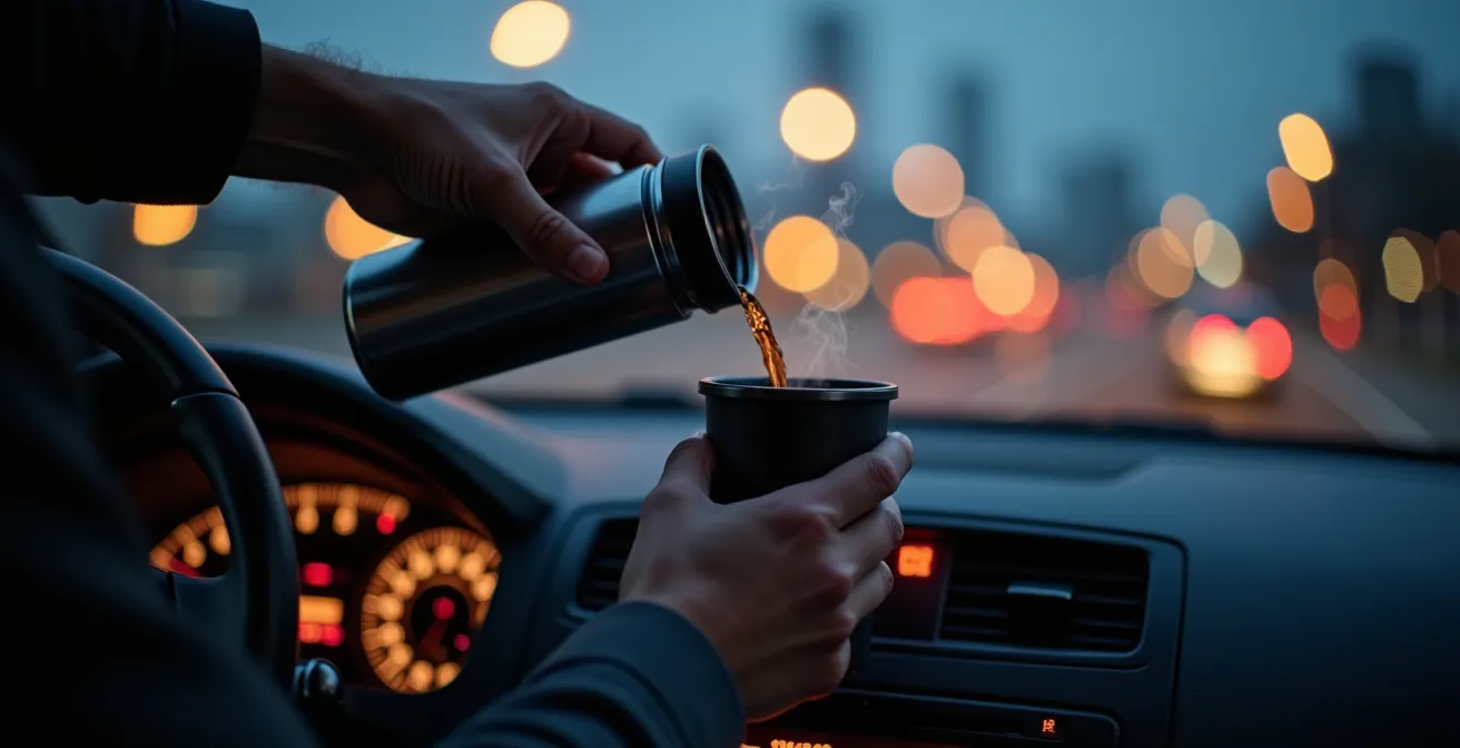 Driver preparing coffee at dawn with city skyline in distance