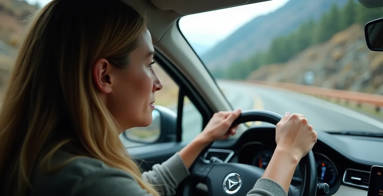 Close-up of driver's hands on steering wheel with mountain road ahead