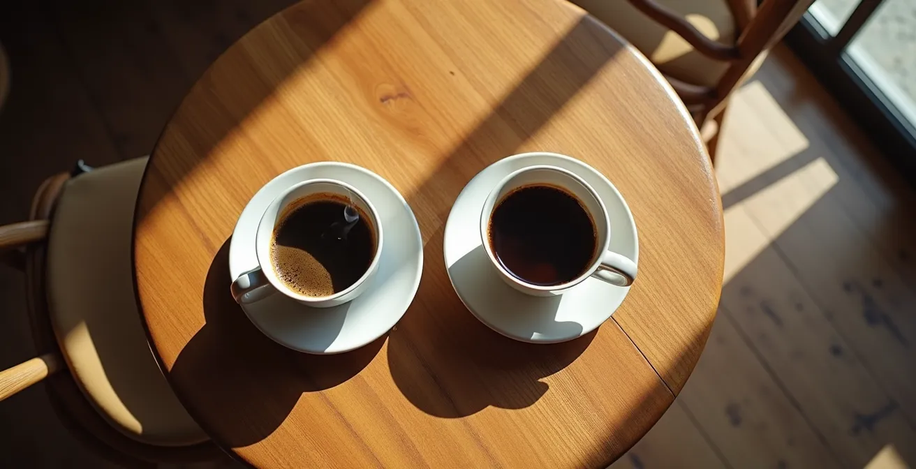 Two empty coffee cups on a table with subtle steam traces suggesting a conversation that never happened