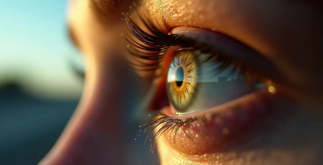 Macro detail of driver's eye reflecting endless highway