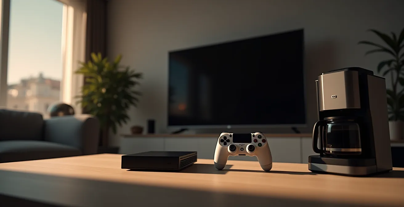 Home interior showing various appliances with subtle energy monitoring indicators