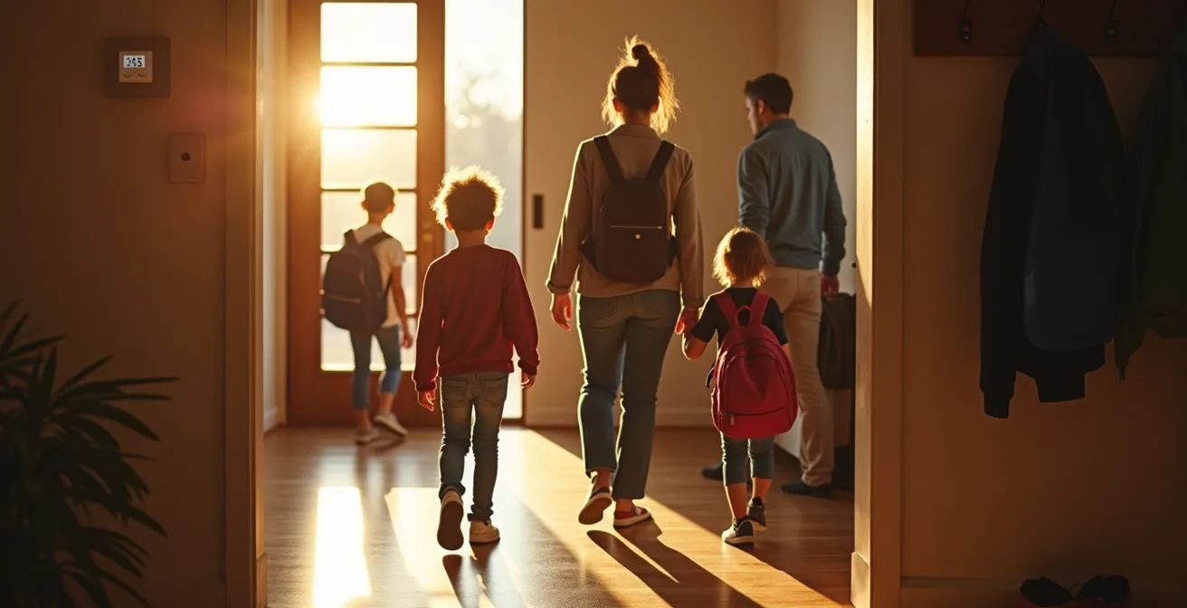 Family members leaving home while smart home system adjusts automatically