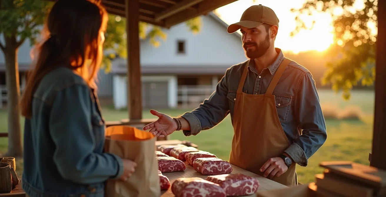 Farmer and consumer discussing meat purchase at farm stand
