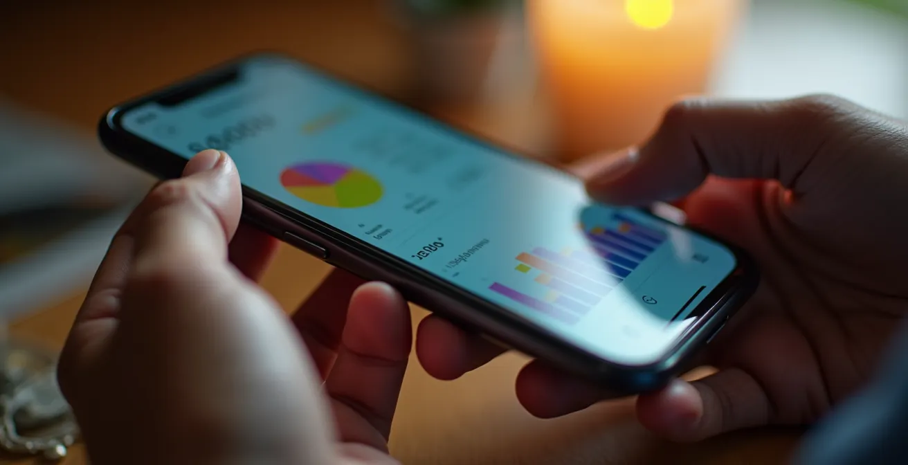 Hands holding smartphone with abstract flight tracking visualization
