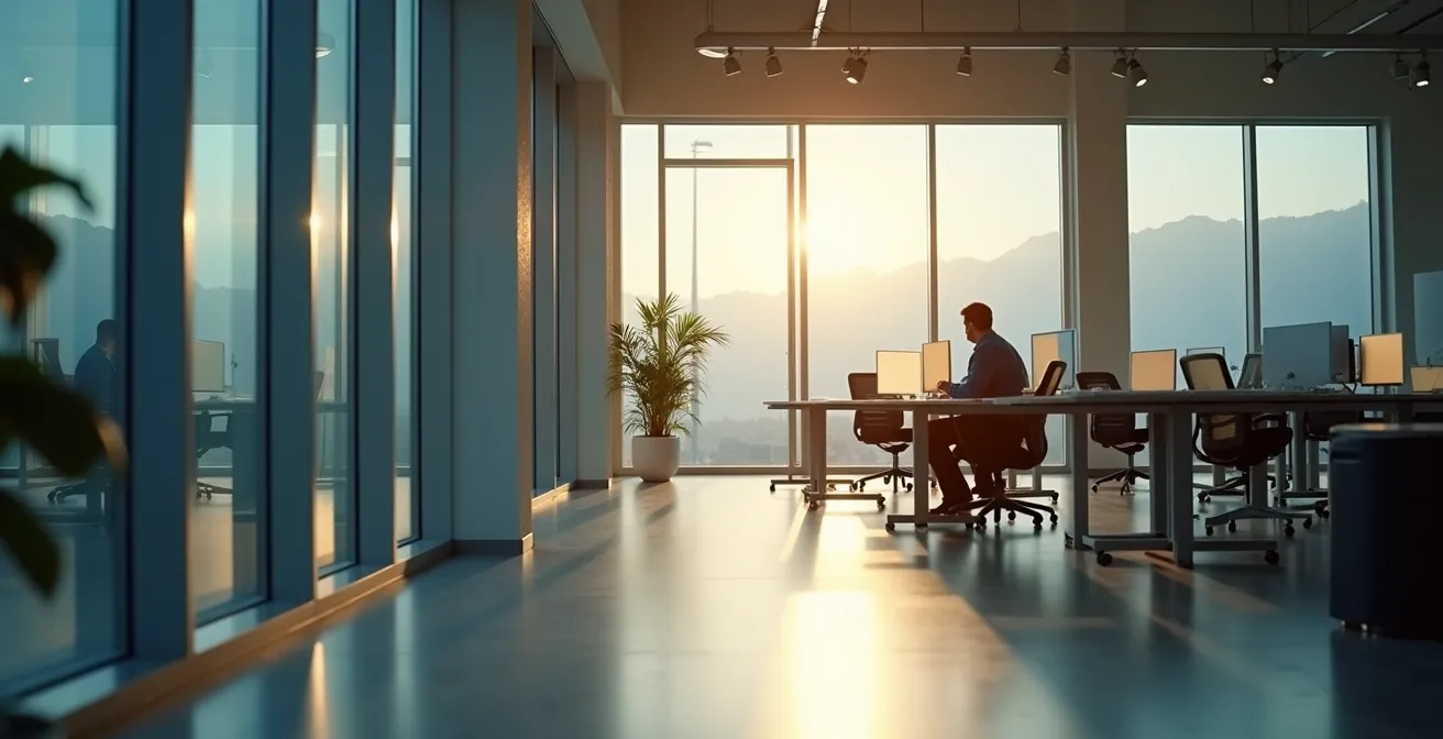 A professional working with intense focus in a quiet, minimalist corner of an open office during the early morning.