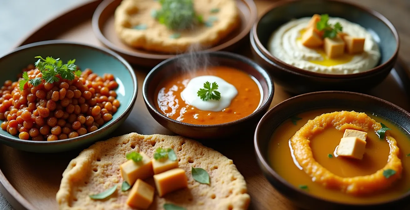 Colorful array of international plant-based dishes arranged on a circular table