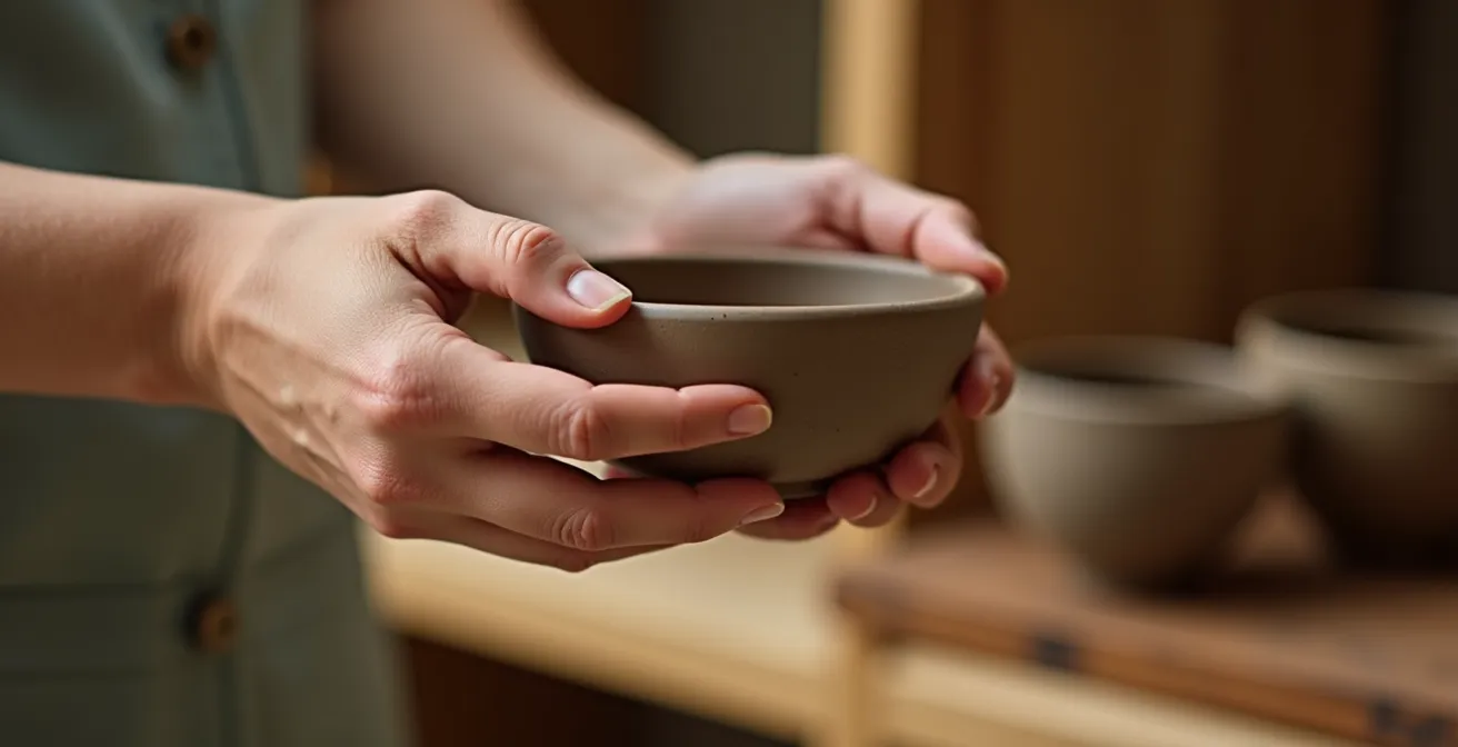 Hands holding cherished object in minimalist setting demonstrating mindful letting go