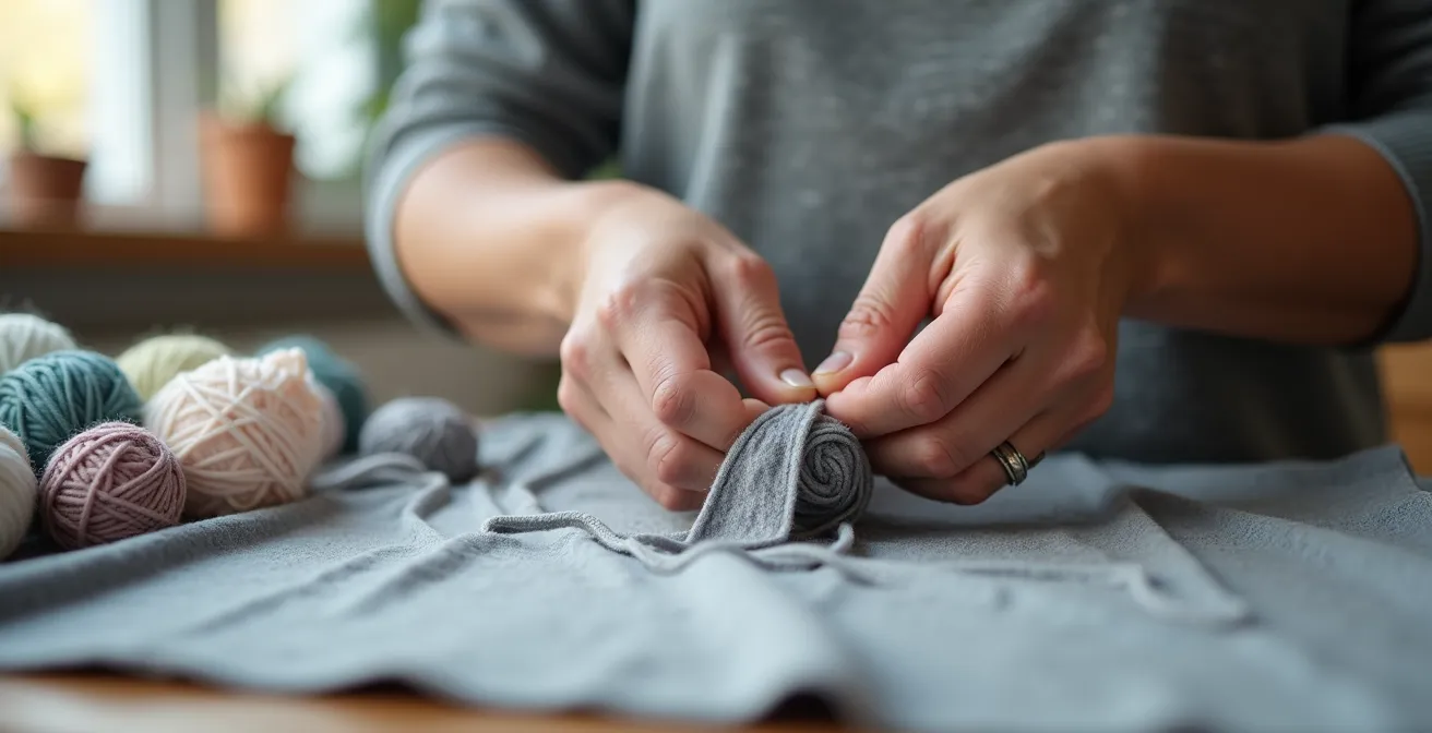 Hands cutting a t-shirt in a continuous spiral to create yarn