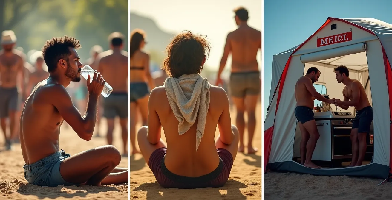 Three stages of heat illness symptoms illustrated for festival safety