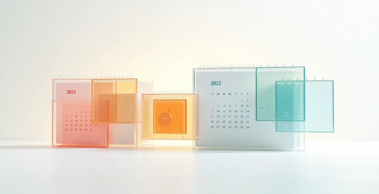 Abstract 3D calendar with colored blocks showing peak and off-peak periods