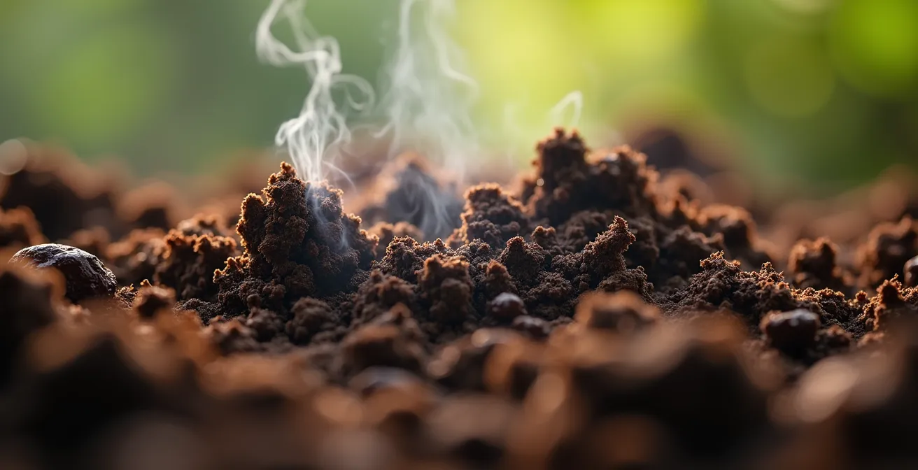 Behind-the-scenes view of hotel's active composting operation with visible windrows and garden integration