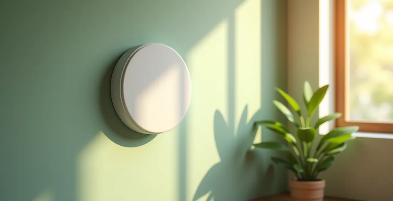 Modern thermostat on wall with soft natural light and plant shadows