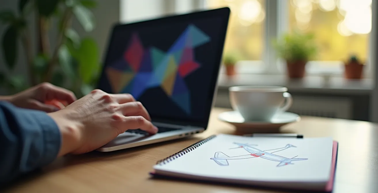 Hands using laptop in private browsing mode for flight searches with coffee and notepad