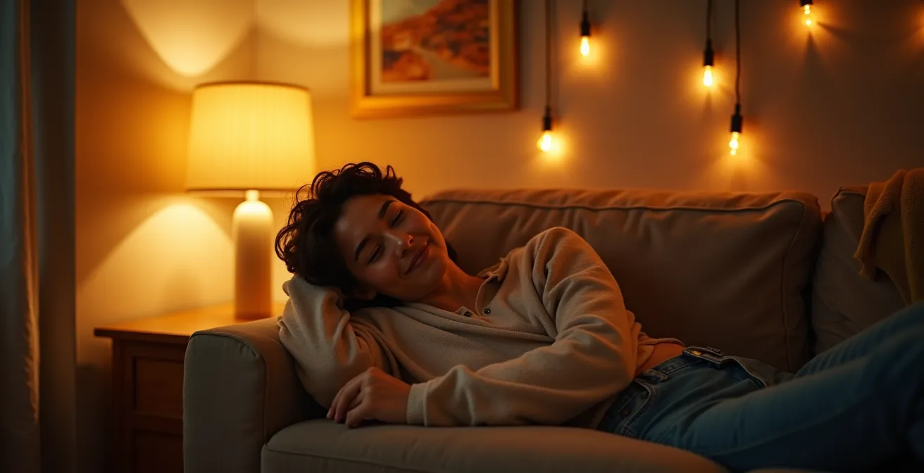 Cozy apartment corner with multiple low-level warm light sources creating ambient pools of light