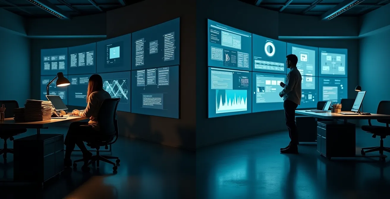 Split composition showing contrast between repetitive individual work and scalable systems thinking