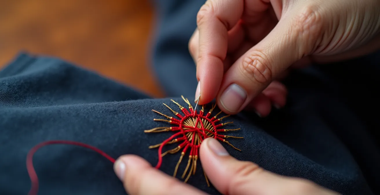 Close-up of colorful thread weaving through fabric showing visible mending technique