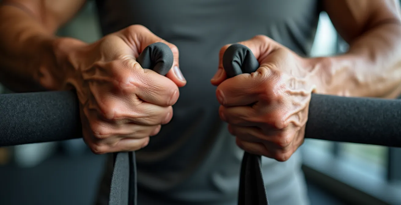 Person over 40 performing controlled strength exercise with focused expression