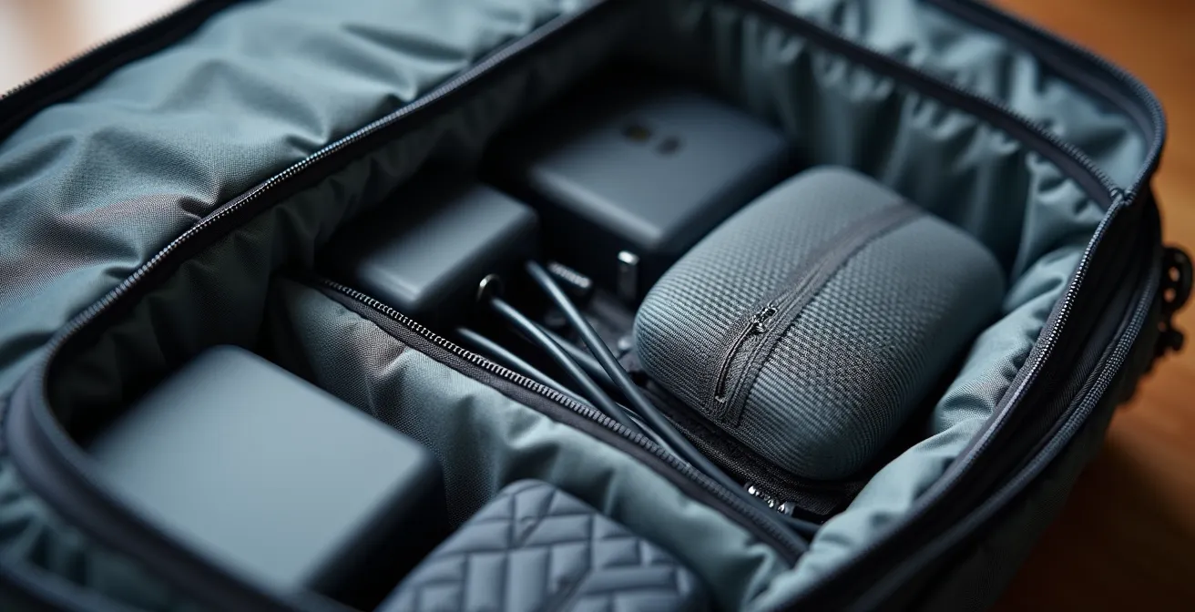 Overhead view of efficiently packed modular travel bag system for digital nomads