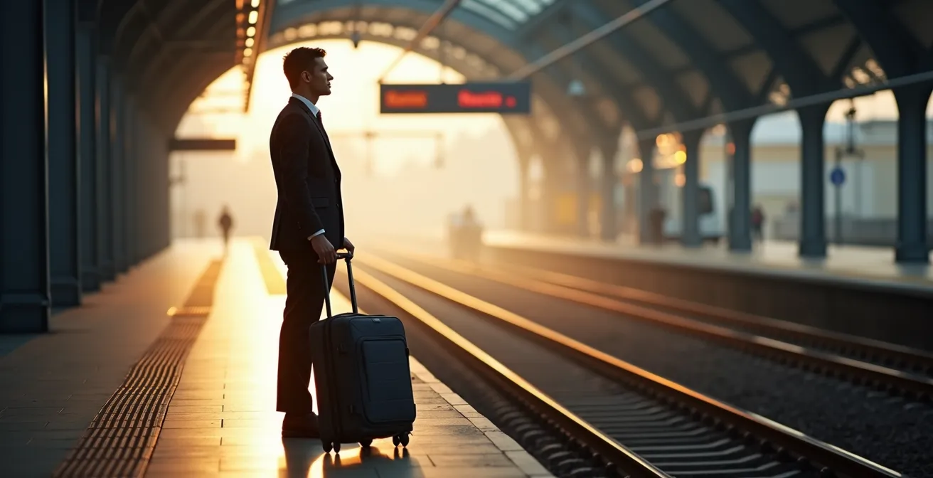 Business traveler at train station platform looking at departure board