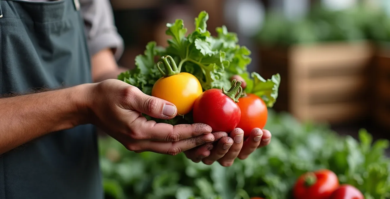 Side-by-side comparison of organic and conventional vegetables at market