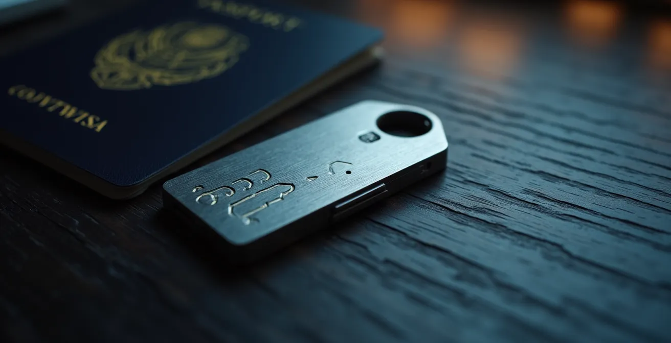Close-up macro shot of a physical security key with encrypted patterns in background