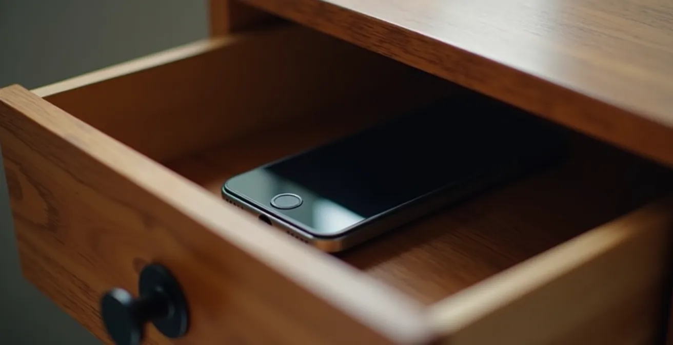 Extreme close-up of a smartphone being placed into a desk drawer, signifying a commitment to focus.