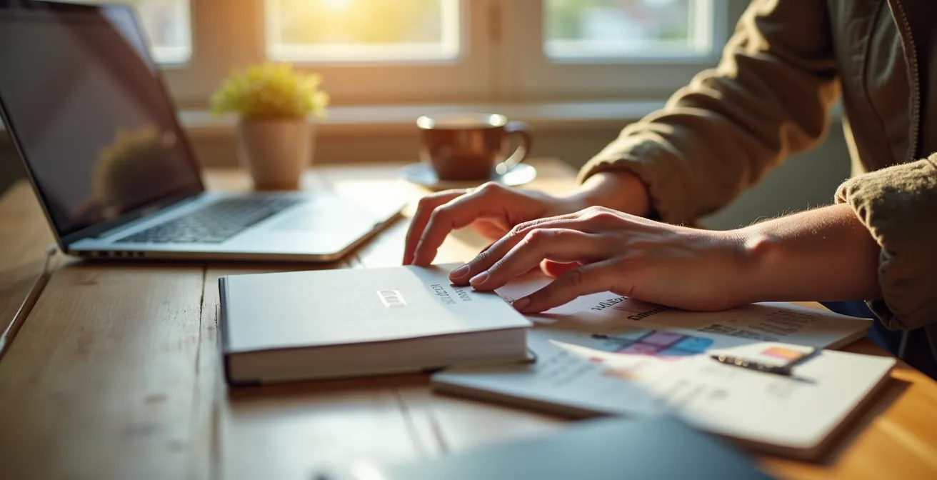 Digital workspace setup for a new remote employee, showing a welcome package on a desk.