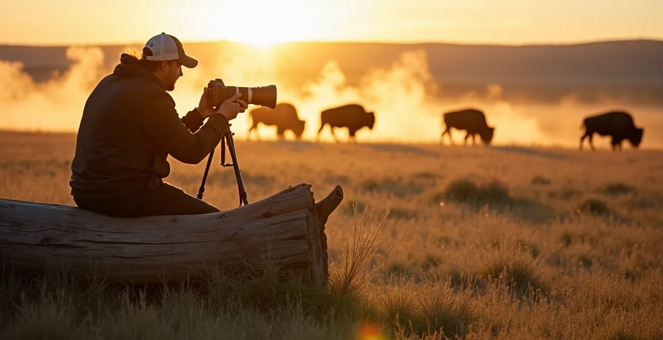 Proper wildlife photography technique showing safe distance from bison