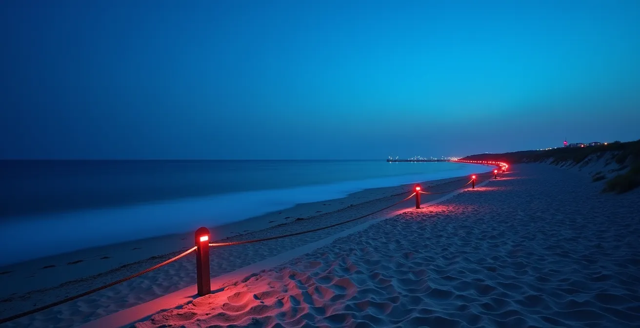 Protected beach area at dusk with turtle nesting zone markers and red light pathway