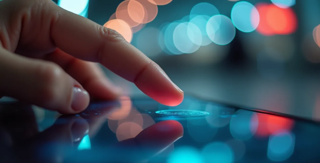 Extreme close-up of fingertip touching glass surface with colorful light reflections