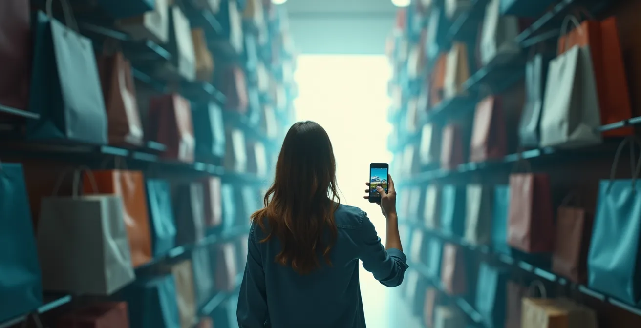 Person navigating through abstract maze of social media icons, finding exit leading to travel imagery