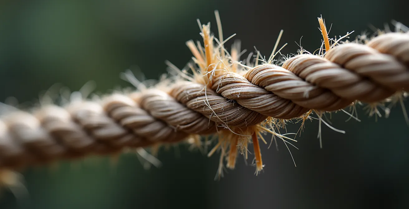 Extreme close-up of fraying rope under tension