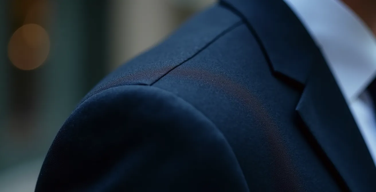 Close-up of perfectly tailored suit jacket shoulder and lapel construction