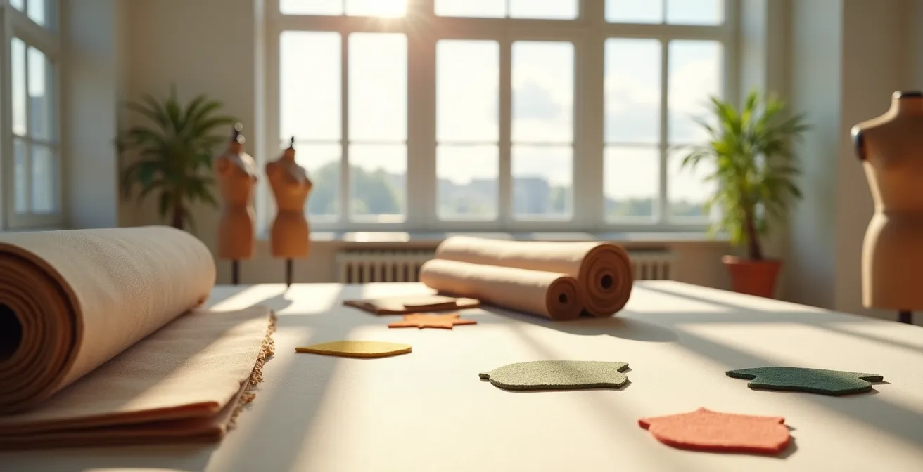 Environmental wide shot of a sustainable fashion design studio with certification documents